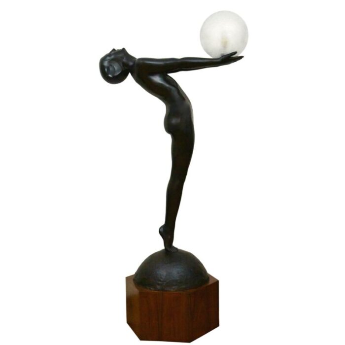 art deco bronze lamp life size clarte standing nude with globe by max le verrier with foundry mark 186 cm 5