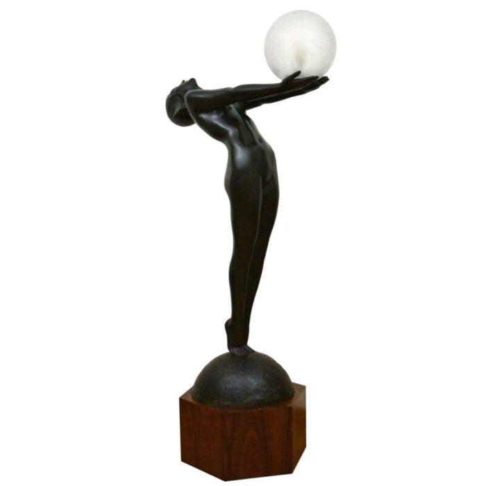 art deco bronze lamp life size clarte standing nude with globe by max le verrier with foundry mark 186 cm 6