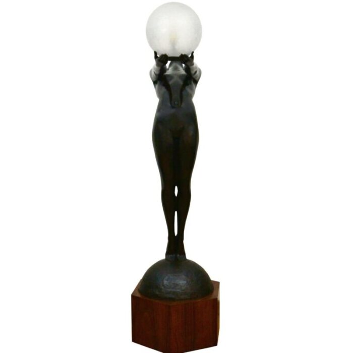 art deco bronze lamp life size clarte standing nude with globe by max le verrier with foundry mark 186 cm 7