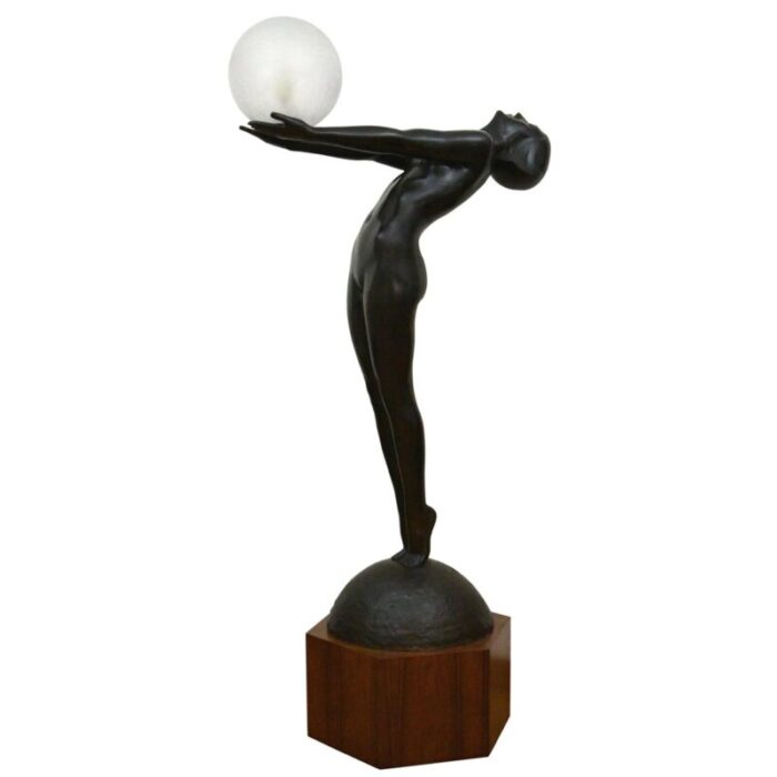 art deco bronze lamp life size clarte standing nude with globe by max le verrier with foundry mark 186 cm 9