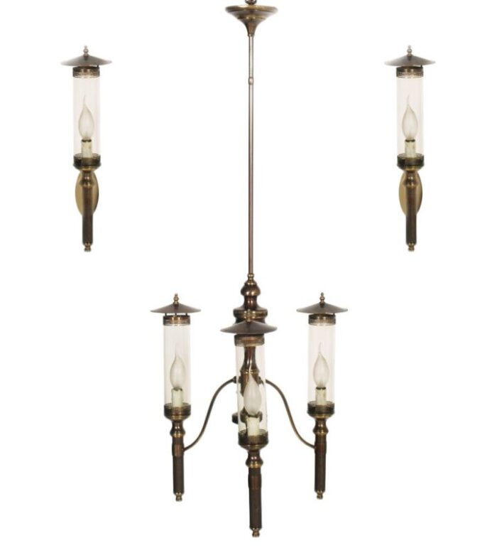 art deco chandelier with sconces in burnished brass 1940s set of 3 1