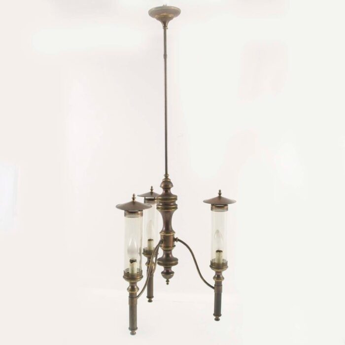 art deco chandelier with sconces in burnished brass 1940s set of 3 17