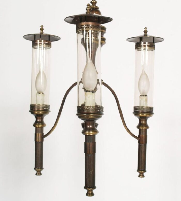 art deco chandelier with sconces in burnished brass 1940s set of 3 4