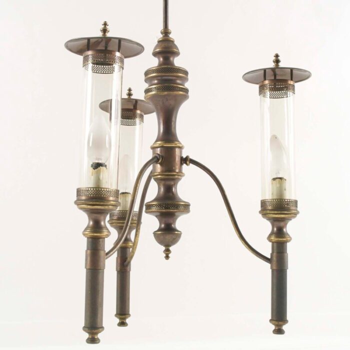 art deco chandelier with sconces in burnished brass 1940s set of 3 6