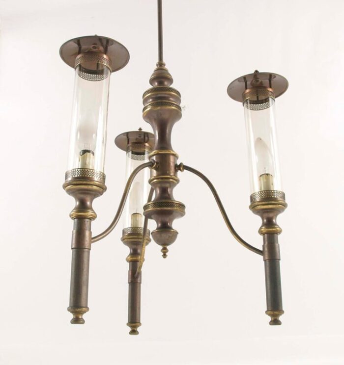 art deco chandelier with sconces in burnished brass 1940s set of 3 7