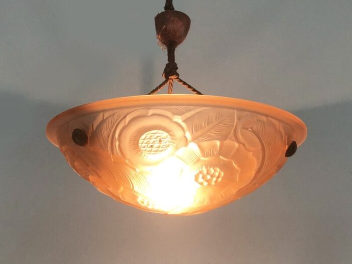 art deco floral basin pendant lamp in pink glass paste 1930s 2