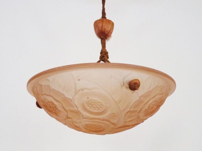 art deco floral basin pendant lamp in pink glass paste 1930s 3