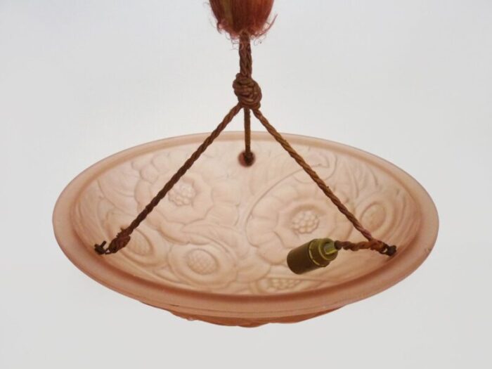 art deco floral basin pendant lamp in pink glass paste 1930s 8