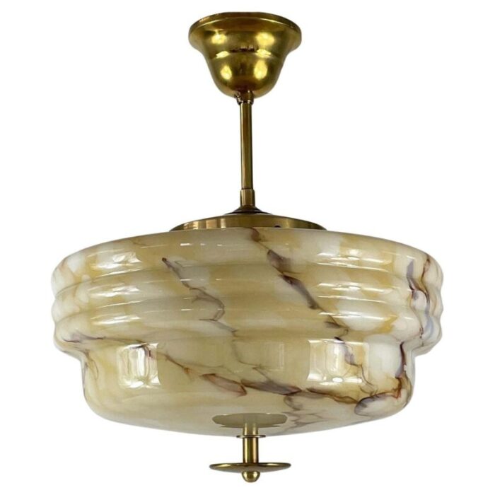 art deco marbled opaline glass and brass semi flush mount 1930s 1