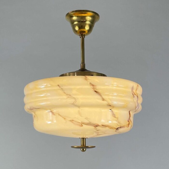 art deco marbled opaline glass and brass semi flush mount 1930s 3