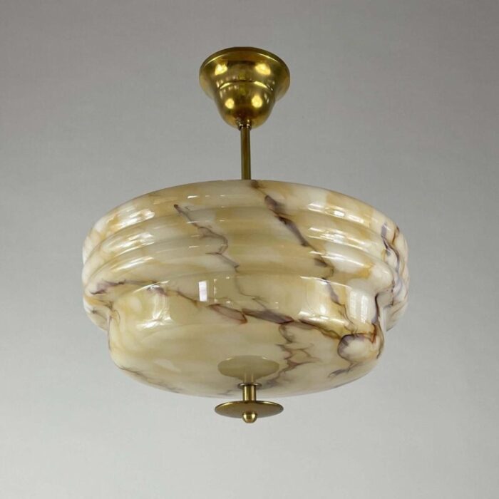 art deco marbled opaline glass and brass semi flush mount 1930s 4