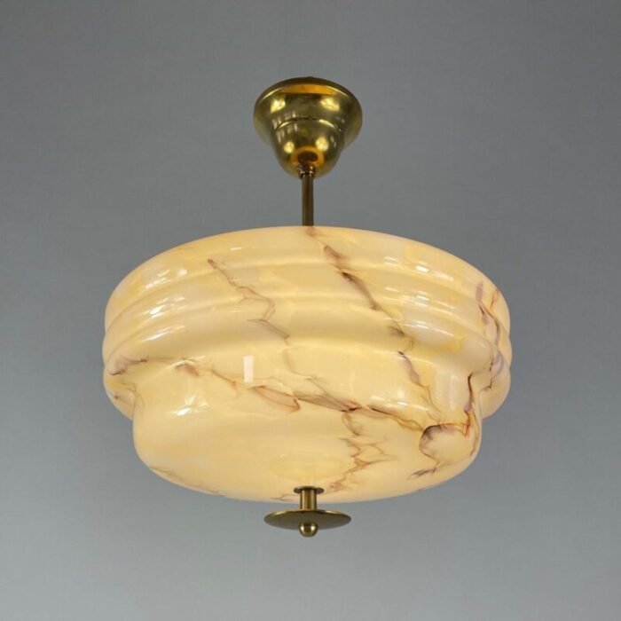 art deco marbled opaline glass and brass semi flush mount 1930s 5