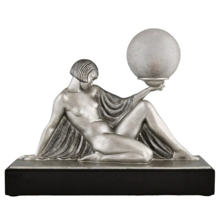 art deco table lamp seated nude with drape holding a globe by raymonde guerbe for max le verrier 1930s 1