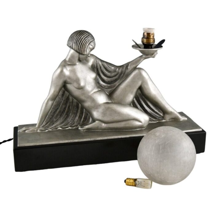 art deco table lamp seated nude with drape holding a globe by raymonde guerbe for max le verrier 1930s 10