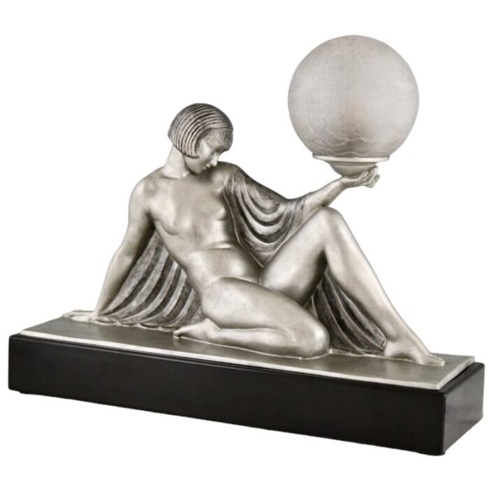 art deco table lamp seated nude with drape holding a globe by raymonde guerbe for max le verrier 1930s 2