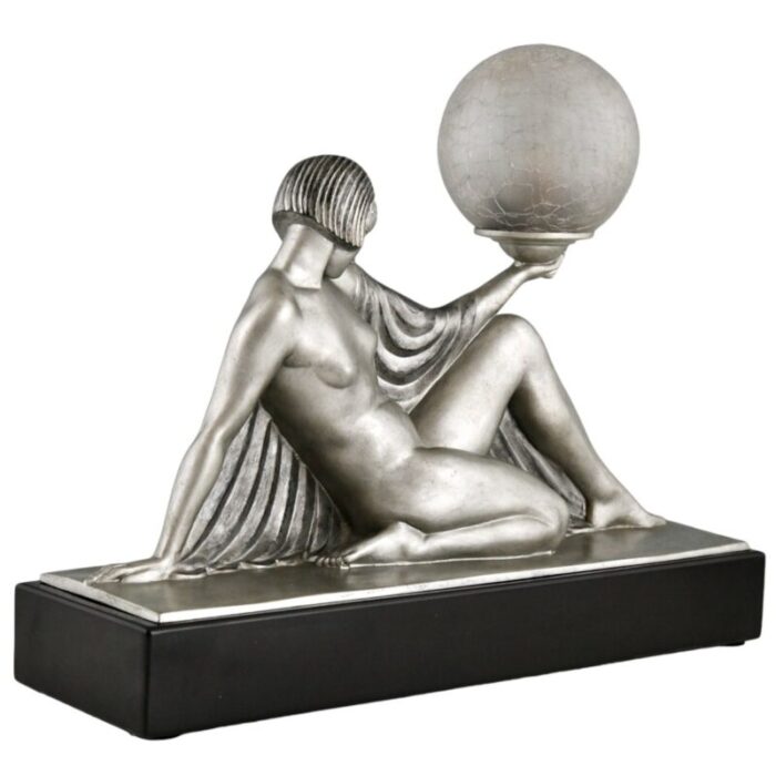 art deco table lamp seated nude with drape holding a globe by raymonde guerbe for max le verrier 1930s 3