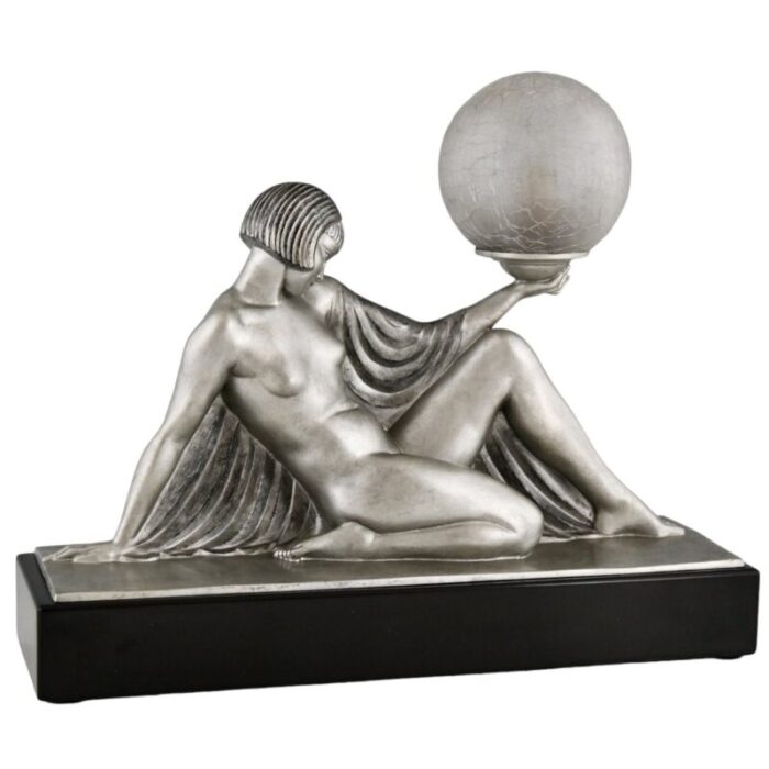 art deco table lamp seated nude with drape holding a globe by raymonde guerbe for max le verrier 1930s 4