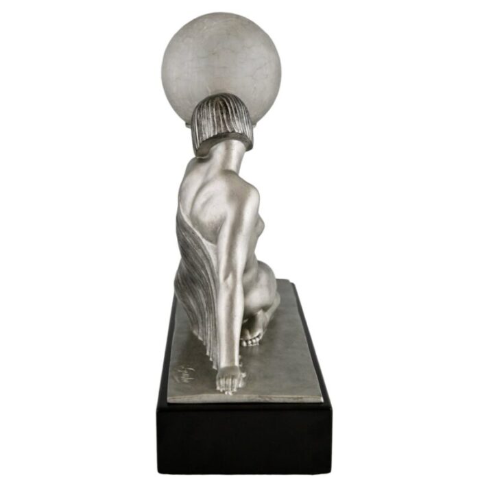 art deco table lamp seated nude with drape holding a globe by raymonde guerbe for max le verrier 1930s 7