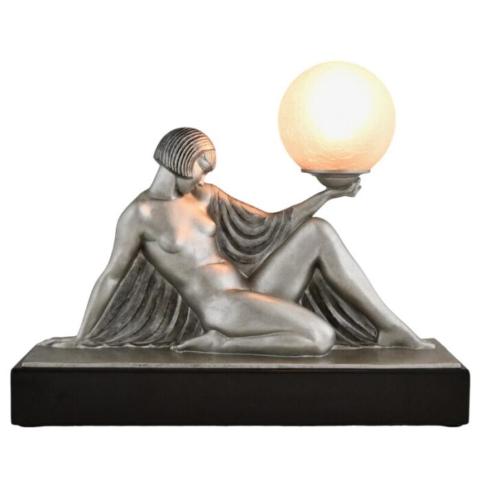 art deco table lamp seated nude with drape holding a globe by raymonde guerbe for max le verrier 1930s 8