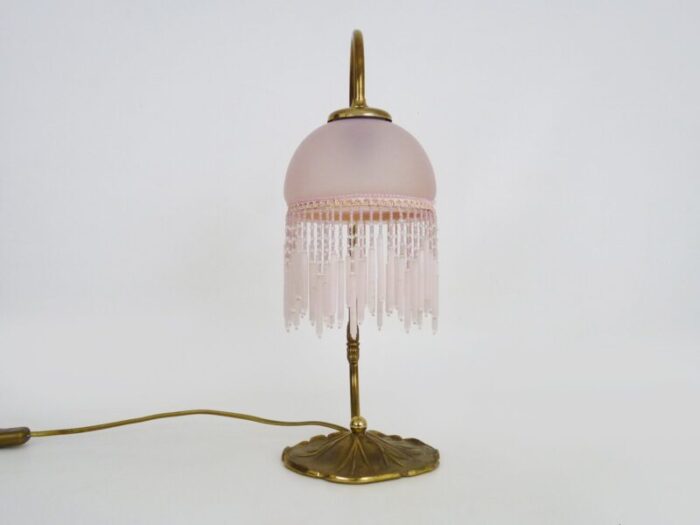 art nouveau bedside lamp with beads and pink globe 1980s 3