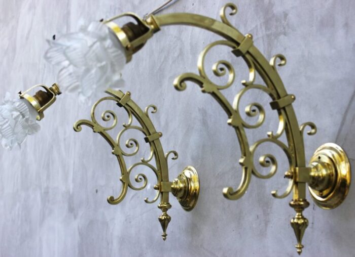 art nouveau brass wall lamps entrance door side lights 1940s set of 2 8