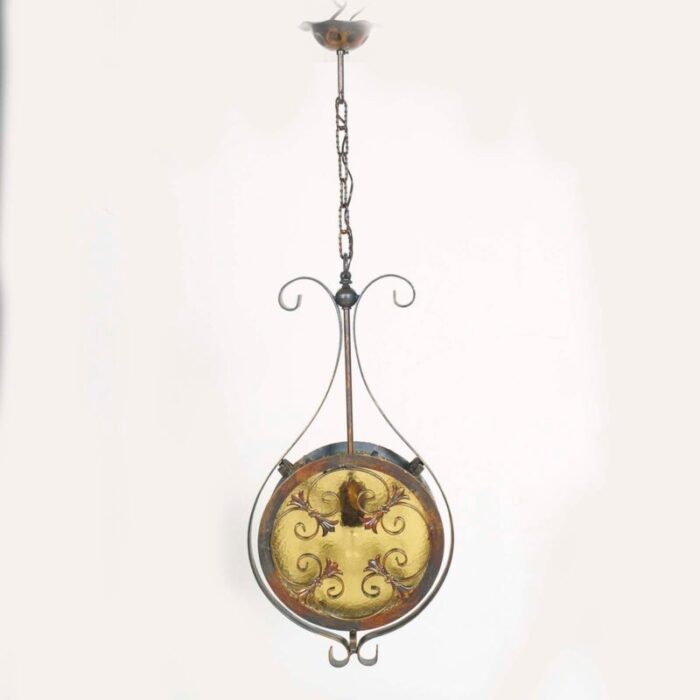 art nouveau pendand chandelier in wrought iron bronze chinchilla glass diffuser 1930s 2