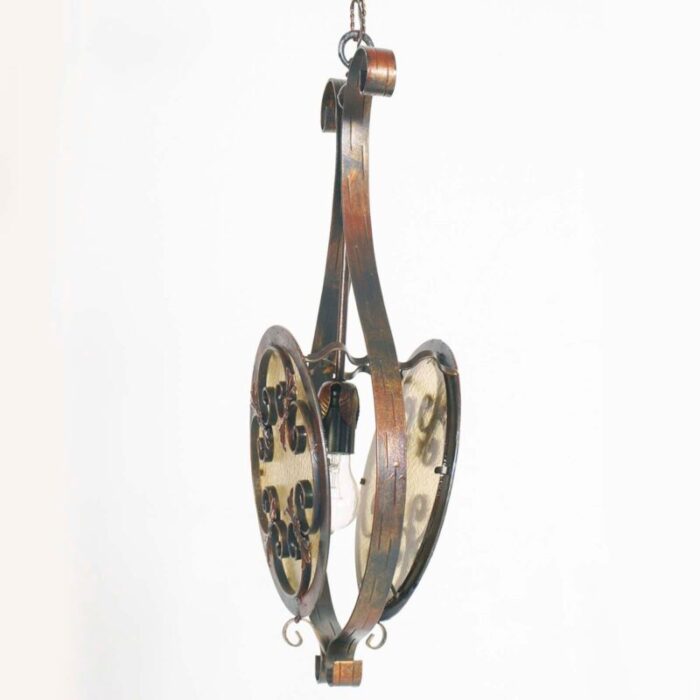 art nouveau pendand chandelier in wrought iron bronze chinchilla glass diffuser 1930s 5