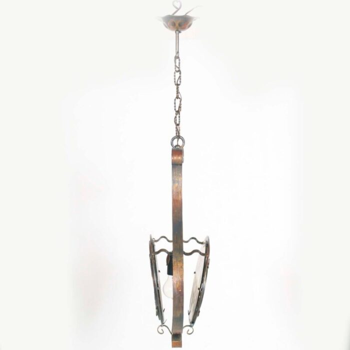 art nouveau pendand chandelier in wrought iron bronze chinchilla glass diffuser 1930s 6