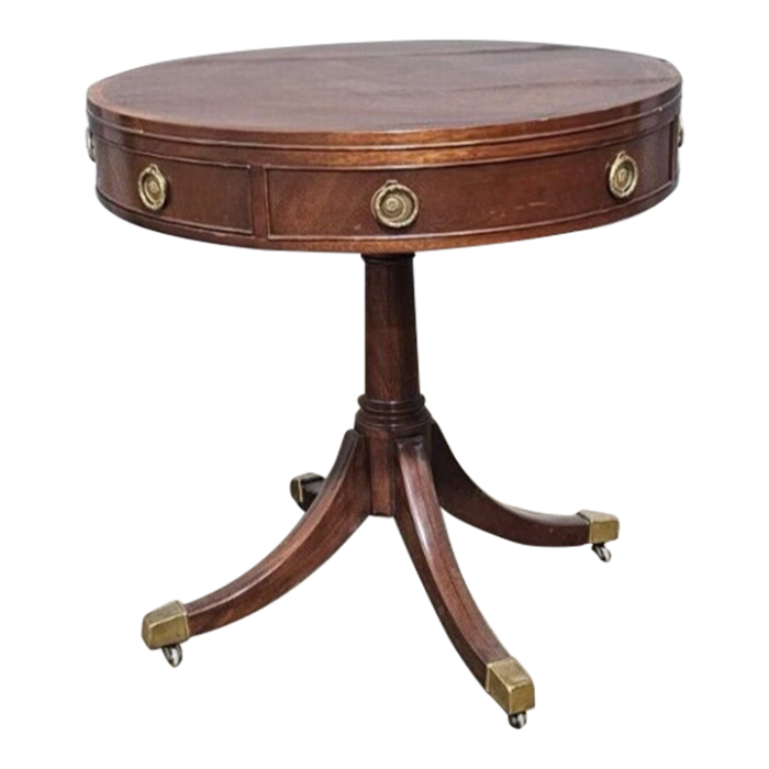 baker furniture mahogany round drum top occasional table single drawer casters 0555