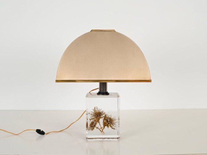 beveled acrylic glass with thistles table lamp with silk shade by pierre giraudon 1970s 10