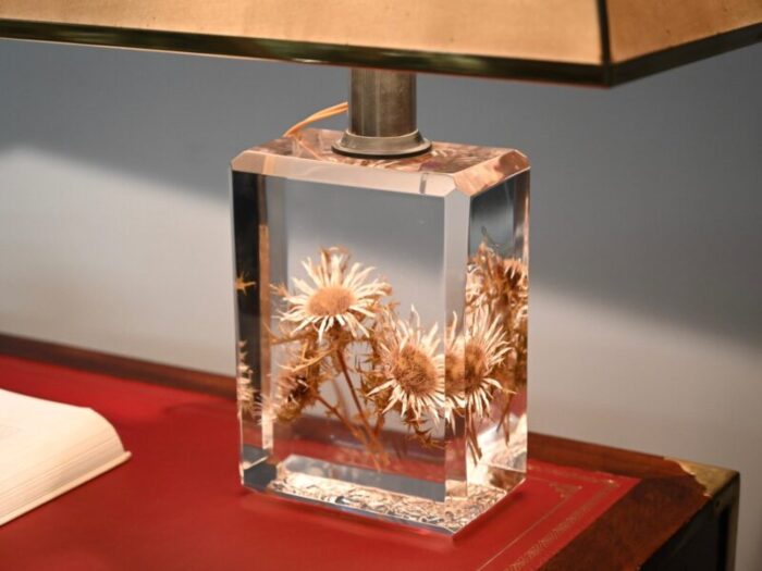 beveled acrylic glass with thistles table lamp with silk shade by pierre giraudon 1970s 3