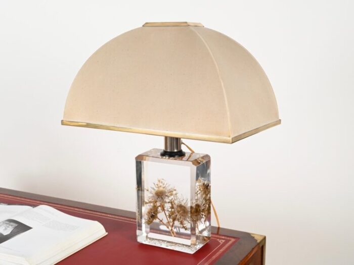 beveled acrylic glass with thistles table lamp with silk shade by pierre giraudon 1970s 5