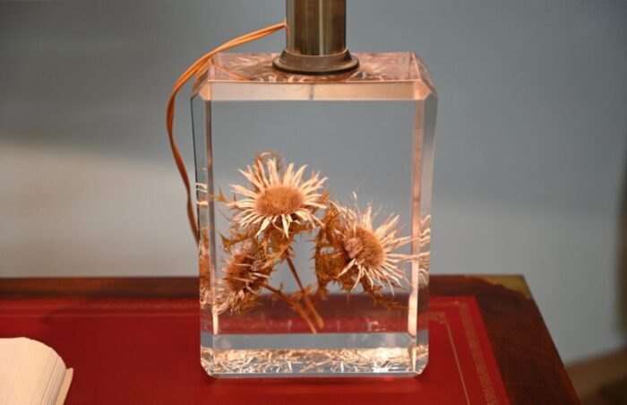 beveled acrylic glass with thistles table lamp with silk shade by pierre giraudon 1970s 7