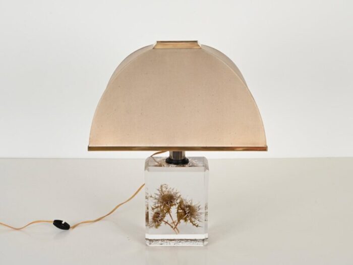 beveled acrylic glass with thistles table lamp with silk shade by pierre giraudon 1970s 9