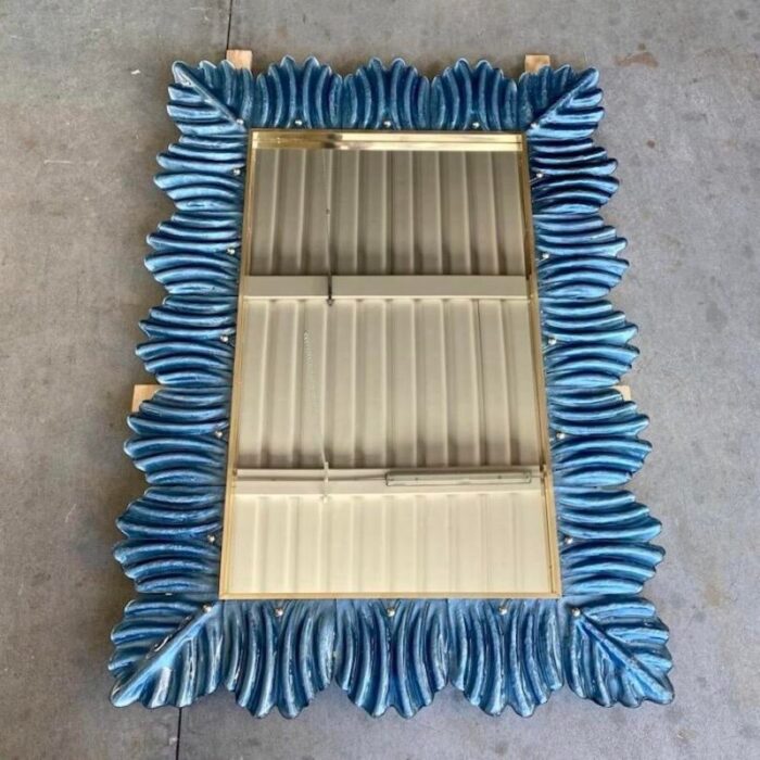 blue murano glass and brass wall mirror 2000s 0462