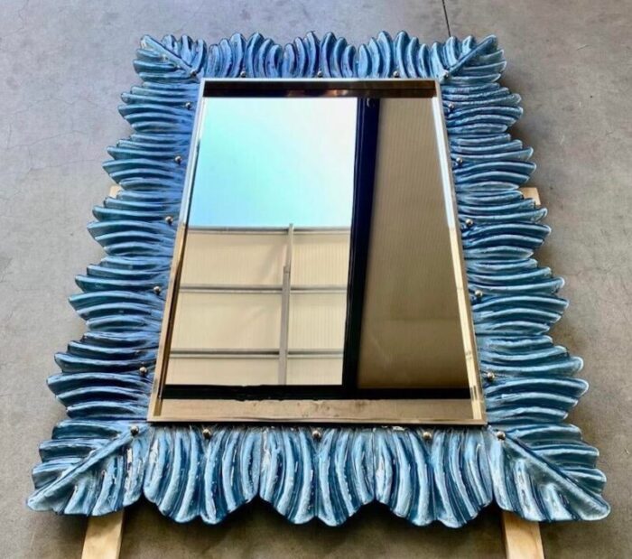 blue murano glass and brass wall mirror 2000s 7442