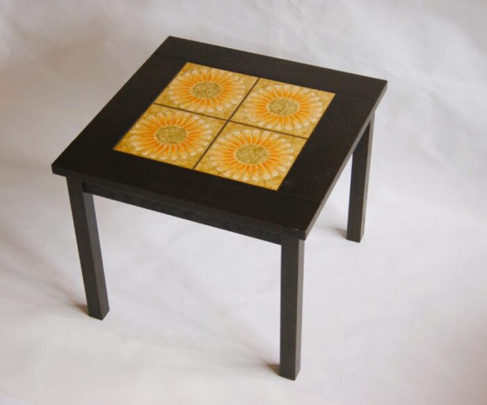 boho coffee table with inlaid of yellow flower tiles denmark retro 1970s 6473