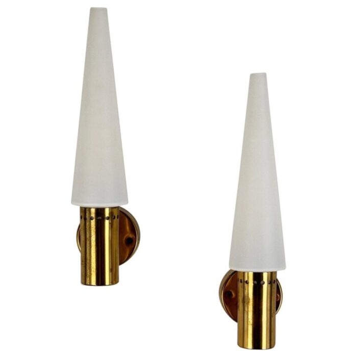 brass and white opaline glass wall lights from hans agne jakobsson ab markaryd sweden 1960s set of 2 1