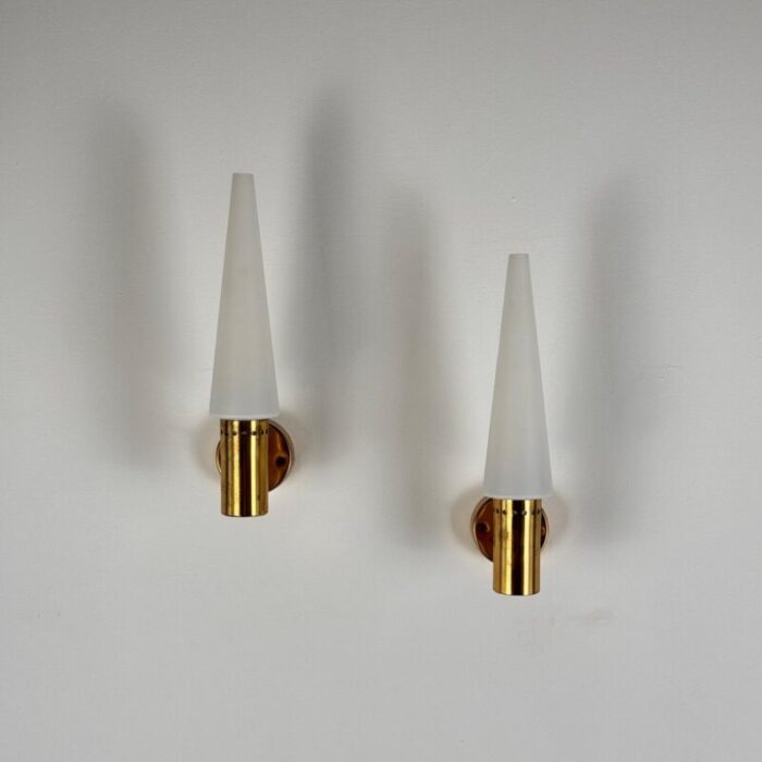 brass and white opaline glass wall lights from hans agne jakobsson ab markaryd sweden 1960s set of 2 2