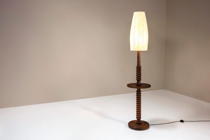 brutalist style floor lamp in saddle brown oak france 1960s 2