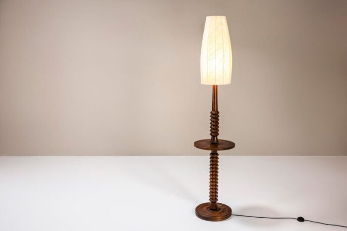 brutalist style floor lamp in saddle brown oak france 1960s 3