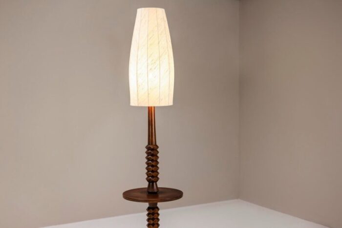 brutalist style floor lamp in saddle brown oak france 1960s 5