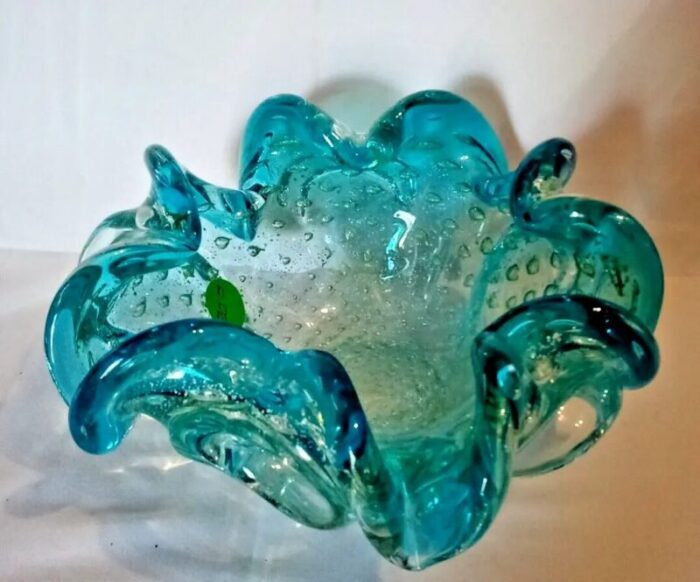 bullicante bubbles teal to clear murano style hand blown glass bowl candy dish 1153