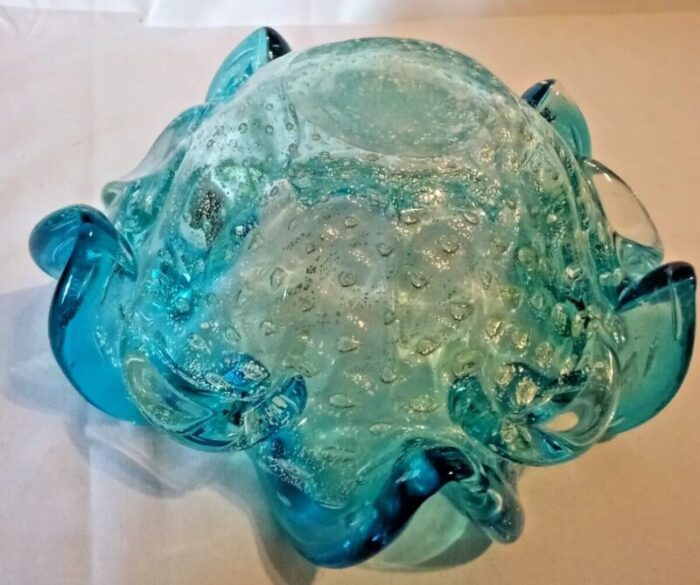 bullicante bubbles teal to clear murano style hand blown glass bowl candy dish 2102