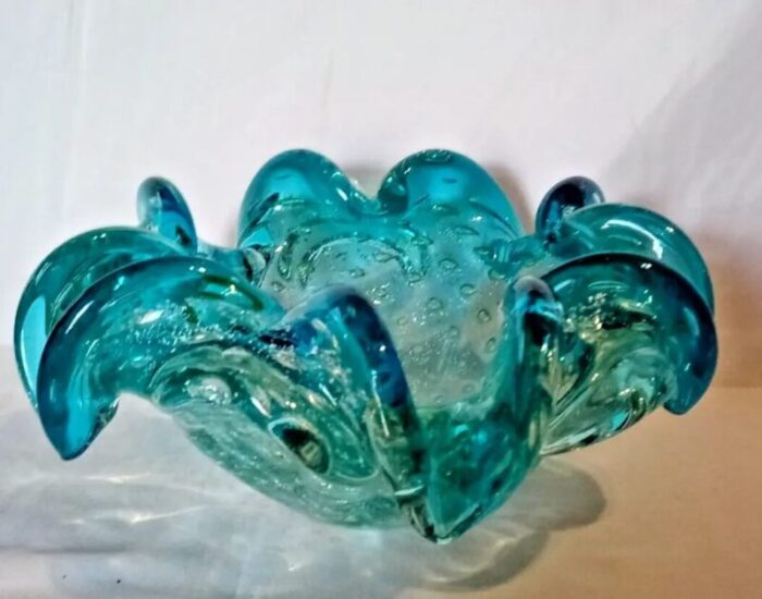 bullicante bubbles teal to clear murano style hand blown glass bowl candy dish 7156