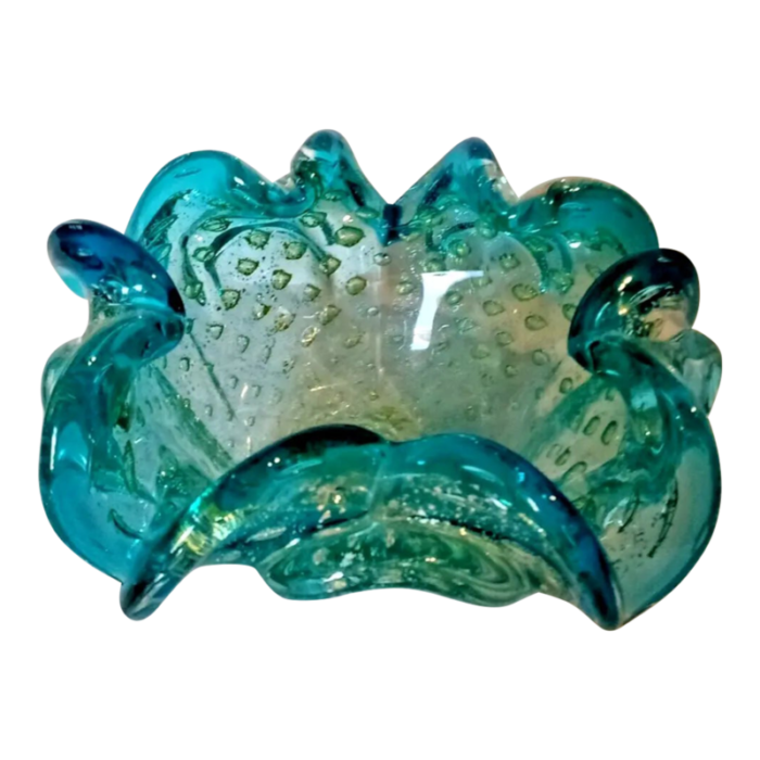 bullicante bubbles teal to clear murano style hand blown glass bowl candy dish 7854