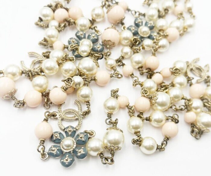 chanel gold cc pastel blue pink flower faux pearl necklace 1625