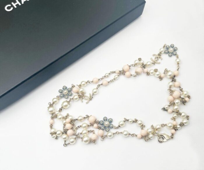 chanel gold cc pastel blue pink flower faux pearl necklace 5132