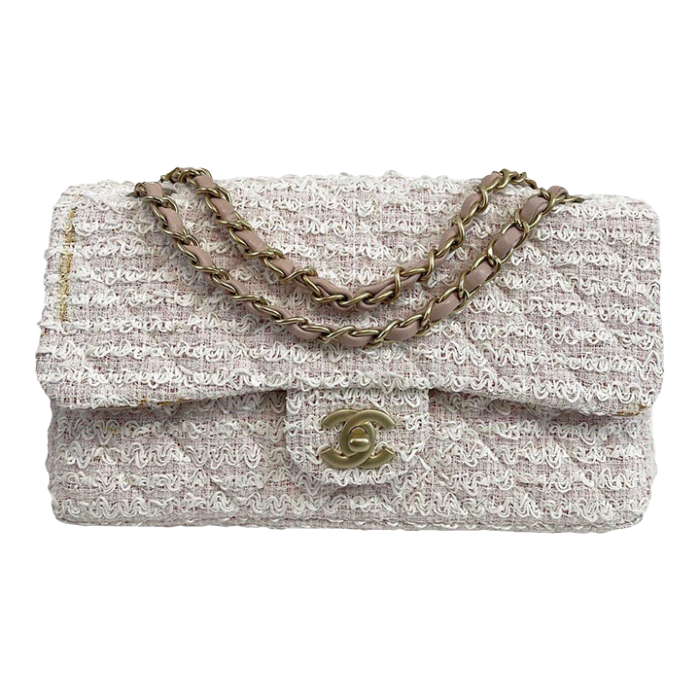 chanel good classic double flap in medium tweed pink crossbody bag 2301