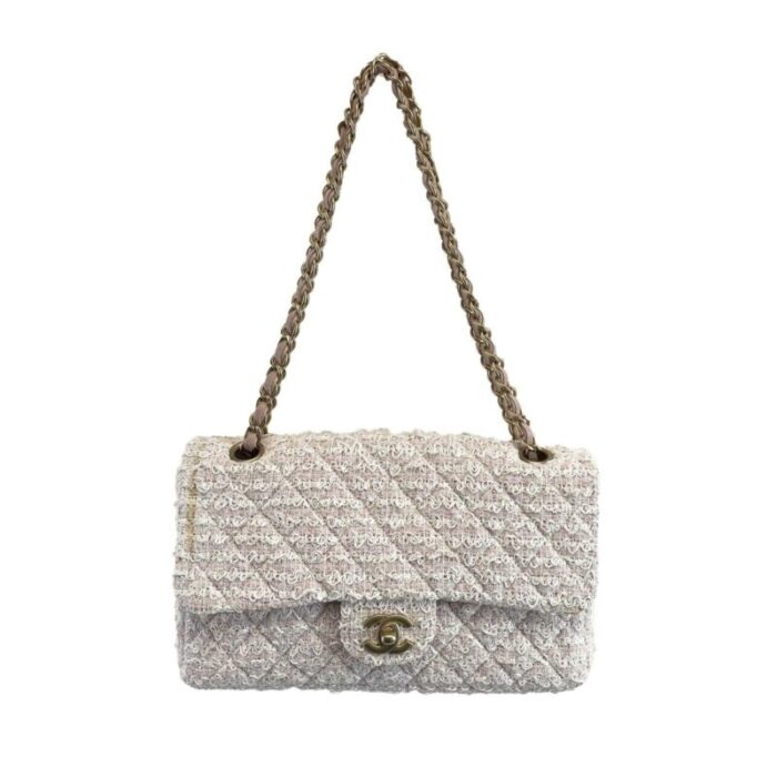 chanel good classic double flap in medium tweed pink crossbody bag 5175